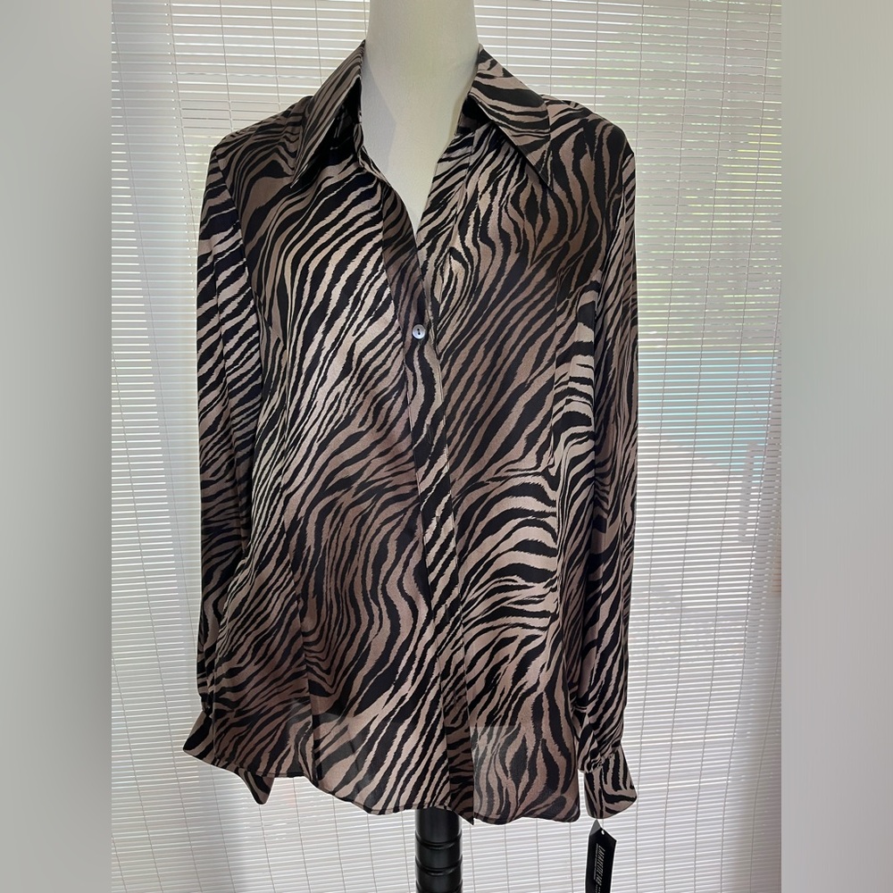 NWT Lafayette 148 Silk Blouse Top Brown Zebra Print